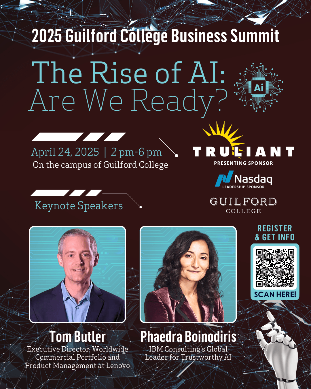 The image features the text "Guilford College 3rd Annual Business Summit - The Rise of AI: Are We Ready?", list Truliant and NASDAQ as sponsors, and names Tom Butler and Phaedra Boinodiris as keynote speakers.